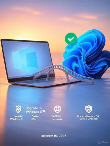A Windows laptop sits beside a blue abstract sculpture with a green checkmark.