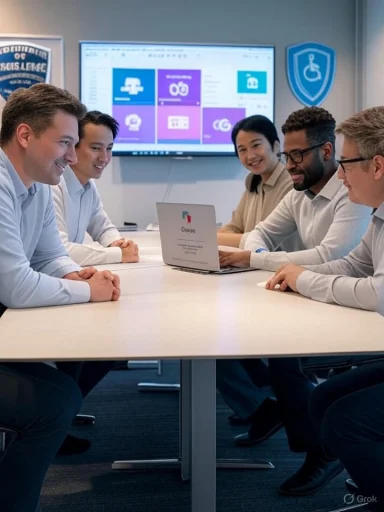 A diverse team in a meeting room brainstorms around a laptop as a presentation plays on screen.