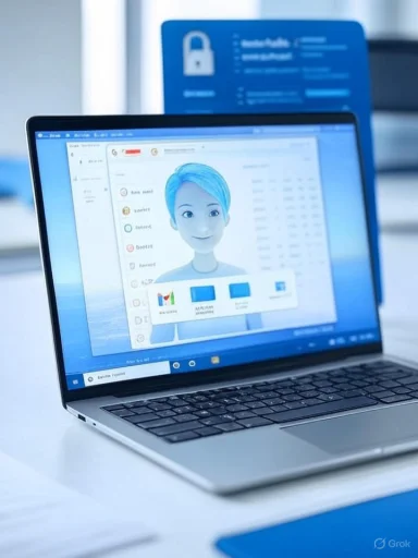 Laptop screen shows a 3D avatar in a user profile UI, with a blue security poster in the background.