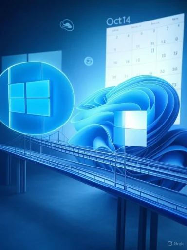 Blue, futuristic Windows-themed scene with logos, swirling shapes, a calendar, and a long track.