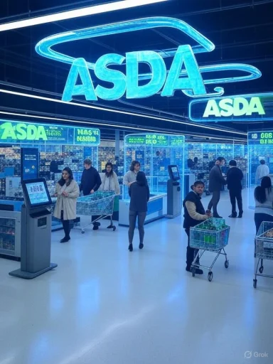 Inside an ASDA supermarket, customers push shopping carts under blue neon signage.