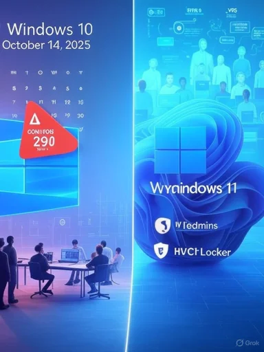 Split-screen promo comparing Windows 10 on the left with Windows 11 on the right.