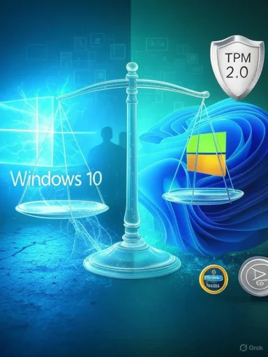 A balance scale pits Windows 10 against TPM 2.0 security.