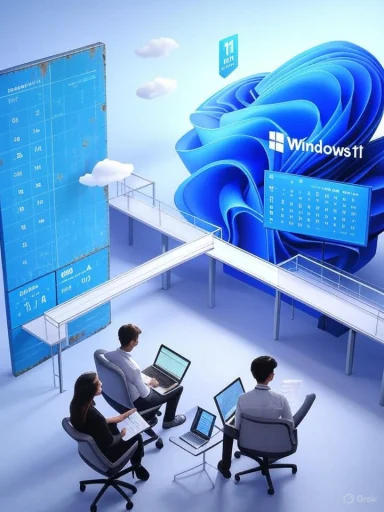 A team of professionals works on laptops in a futuristic room with Windows 11 branding.
