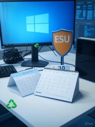 Windows desktop on a monitor with an ESU shield and desk calendars on a tidy office desk.
