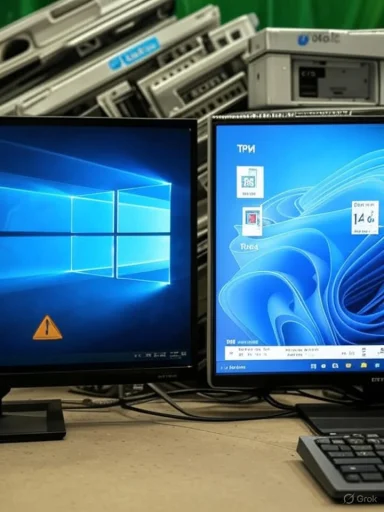 Two computer monitors displaying Windows, with server racks in the background.
