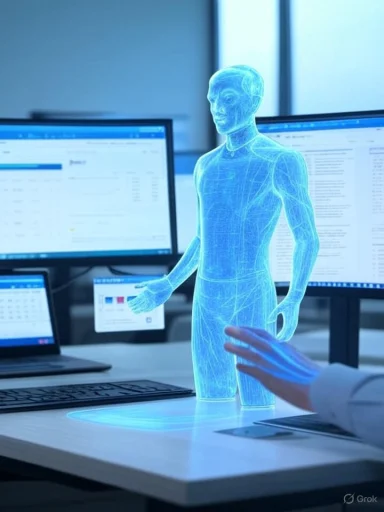 A blue holographic human model stands on a desk beside multiple computer monitors.