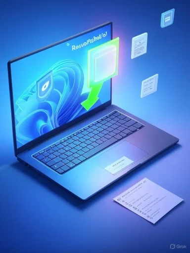 A futuristic laptop displays glowing UI elements and floating documents in a blue gradient.