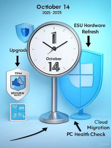 Infographic marks October 14 as hardware refresh with TPM upgrade, Secure Boot, Windows shield, and cloud migration.