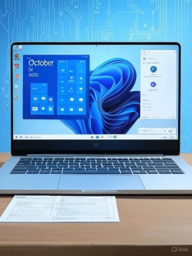 A sleek laptop on a wooden desk with a document beneath, displaying a Windows-style interface.