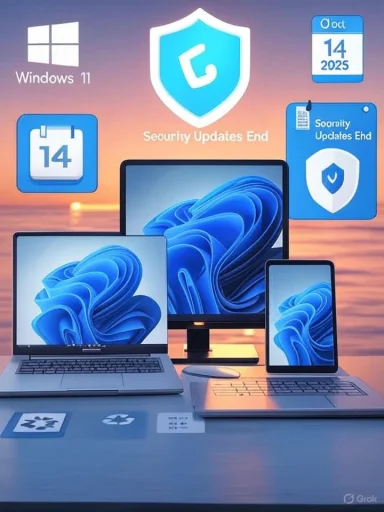 Sunset scene featuring Windows 11 devices and security updates icons.