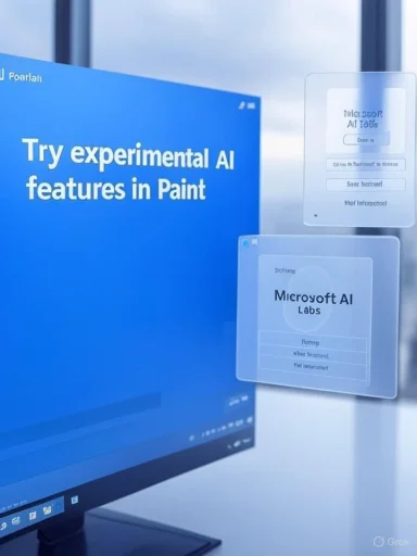 Blue monitor screen displays 'Try experimental AI features in Paint' with floating AI panels.