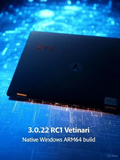 A laptop with the VLC logo on a blue circuit-board background, announcing 3.0.22 RC1 Vetinari Native Windows ARM64 build.