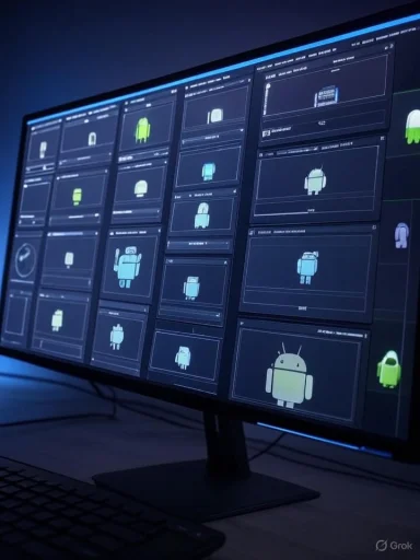 A curved monitor displays a dark UI with many Android icons in preview panels.