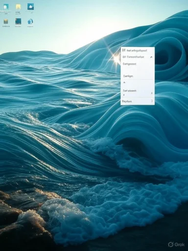 Desktop with a blue ocean waves wallpaper and a floating context menu.