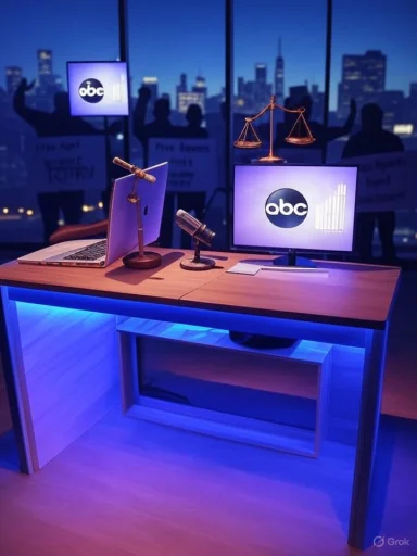 An ABC news desk setup with microphones, a laptop, and a scale of justice under blue studio lighting.