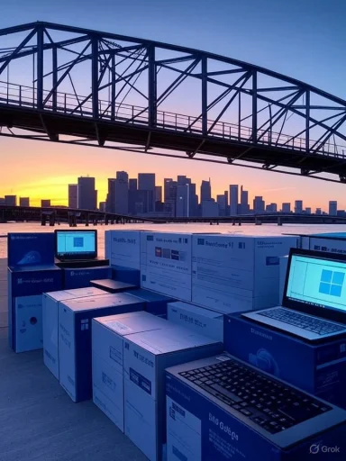Sunset city skyline with a large bridge overhead and laptops on stacked boxes by the water.