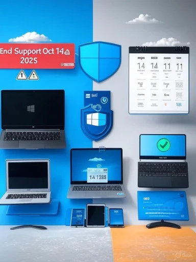 Laptops on display in a tech showroom with security shields and an End Support banner.