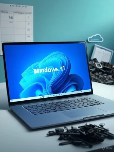 Laptop displaying Windows 11 on a clean desk with scattered computer parts.