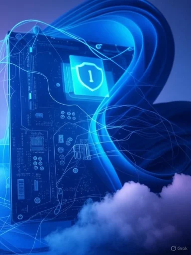 Blue cyber-security concept: shield on a circuit board amid glowing lines and a cloud.