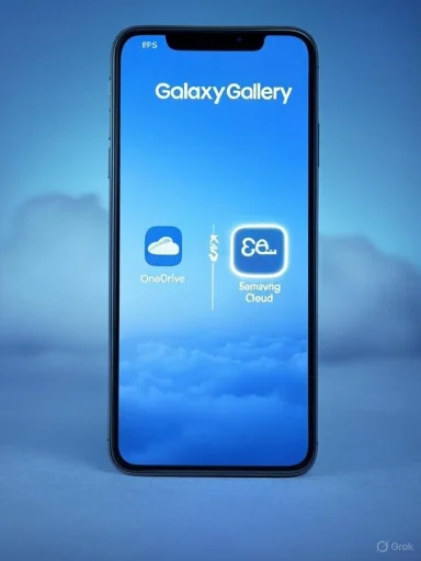 A smartphone screen shows GalaxyGallery with OneDrive and a cloud storage app on a blue sky background.