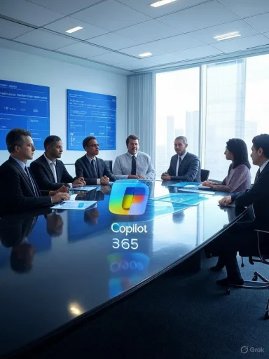 Corporate meeting around a glass conference table with Copilot 365 branding.