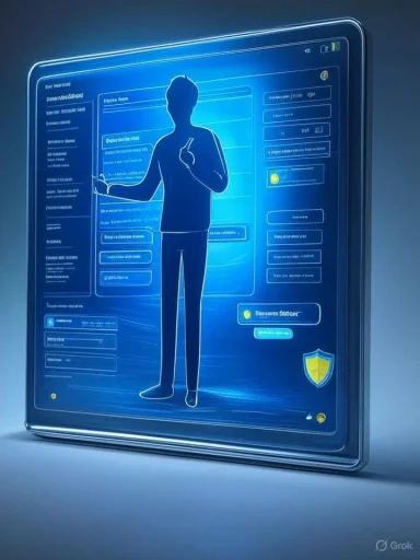 A blue holographic interface with a standing silhouette and floating UI panels.