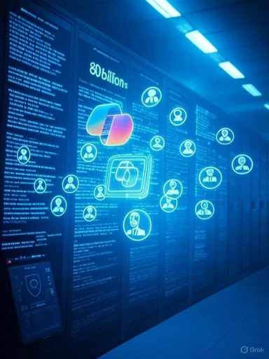 Blue-lit data center with holographic avatars floating around server racks.