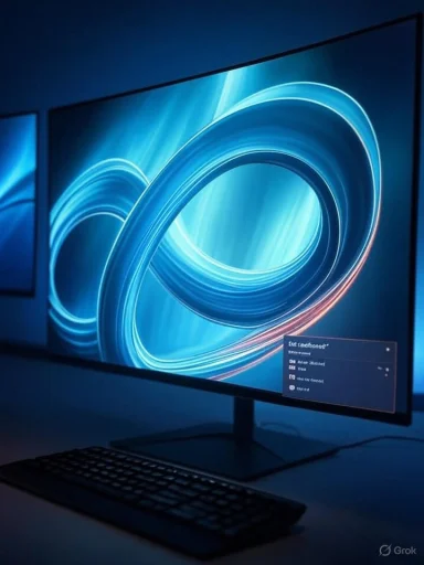 A sleek monitor on a desk displays a vivid blue abstract swirl, with a keyboard in front.