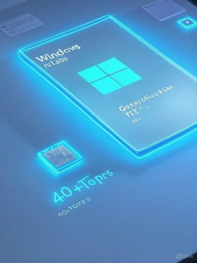 A futuristic neon-blue Windows-themed display with a four-square logo and 40+ Tips text.