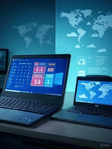 Two laptops on a desk glow with blue screens and a world map projection on the wall.