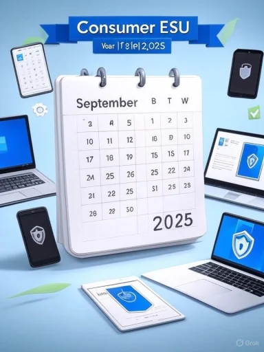 A 2025 calendar showing September sits amid laptops, tablets, and smartphones in a tech-themed display.