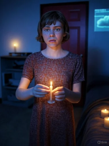 A girl in a blue-lit room holds a lit candle, gazing solemnly at the camera.