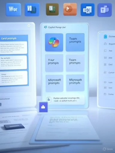 Futuristic UI mockup featuring blue tiles labeled prompts and team prompts.