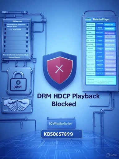 Blue tech illustration showing DRM and HDCP playback blocked with a shield icon.