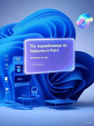 A futuristic blue Windows AI Labs display promoting experimental AI features in Paint.
