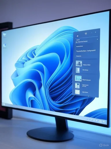Widescreen monitor displaying Windows 11 with a blue abstract wallpaper.