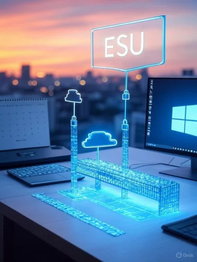 A glowing blue holographic ESU model rises above a desk beside a laptop.