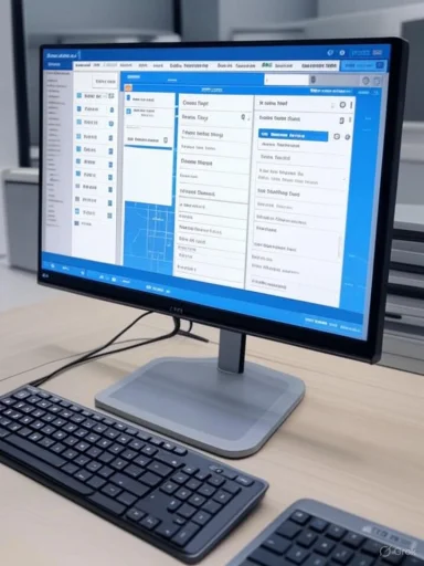 A desktop computer on a wooden desk shows a blue dashboard UI on the monitor with a keyboard.