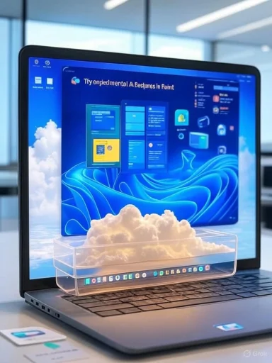 A laptop displays a blue desktop with a transparent box containing a fluffy cloud on the keyboard.