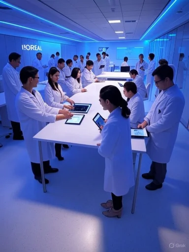 Scientists in white coats gather around a long table with tablets in a blue-lit L'Oreal lab.