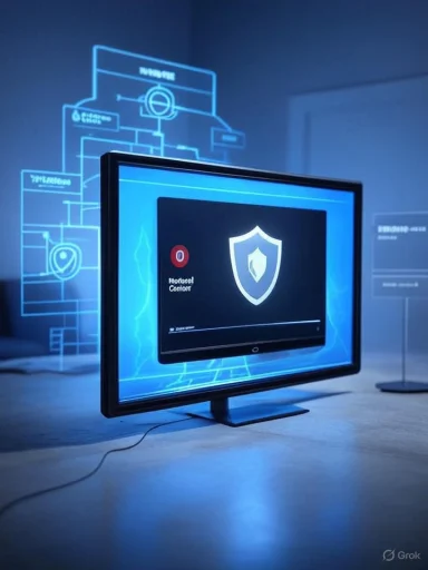 A monitor displays a shield icon on a blue cybersecurity interface with holographic diagrams.