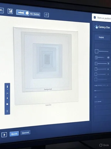 A computer monitor shows a diagram of concentric squares inside a software interface.