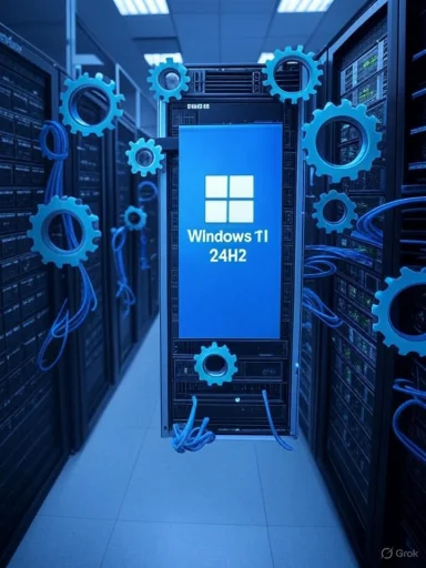 Data center rack with Windows 11 24H2 display, surrounded by blue gear icons.
