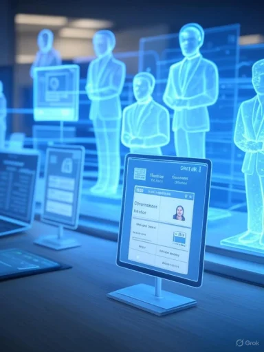 Futuristic blue holograms of people and tablet kiosks displaying profiles.