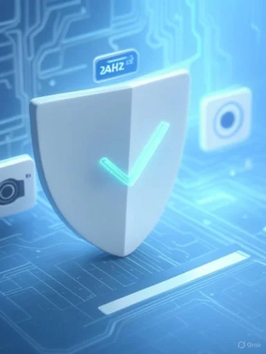 Glowing shield with a checkmark on a blue circuit-board background, symbolizing cybersecurity.