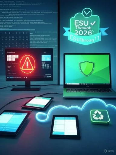A multi-device cybersecurity setup with cloud graphics, a shield icon, and a red warning screen.