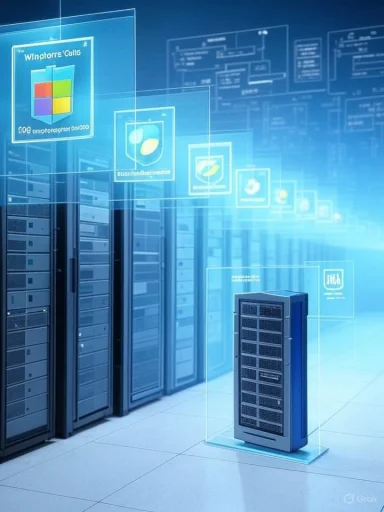 A data center with rows of server racks and floating holographic screens.