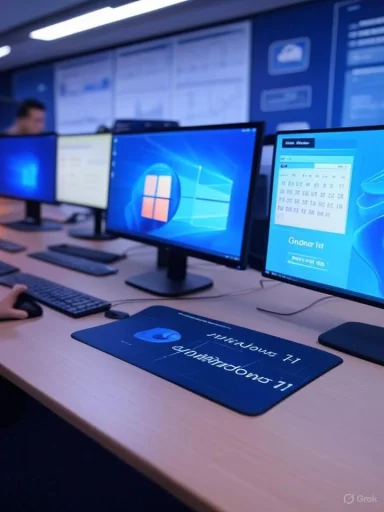 Row of computer workstations in a blue-lit lab, Windows desktops on multiple screens.