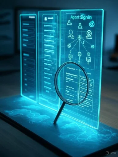 Blue holographic interface shows agent sign-in, a network diagram, with a magnifying glass over data.